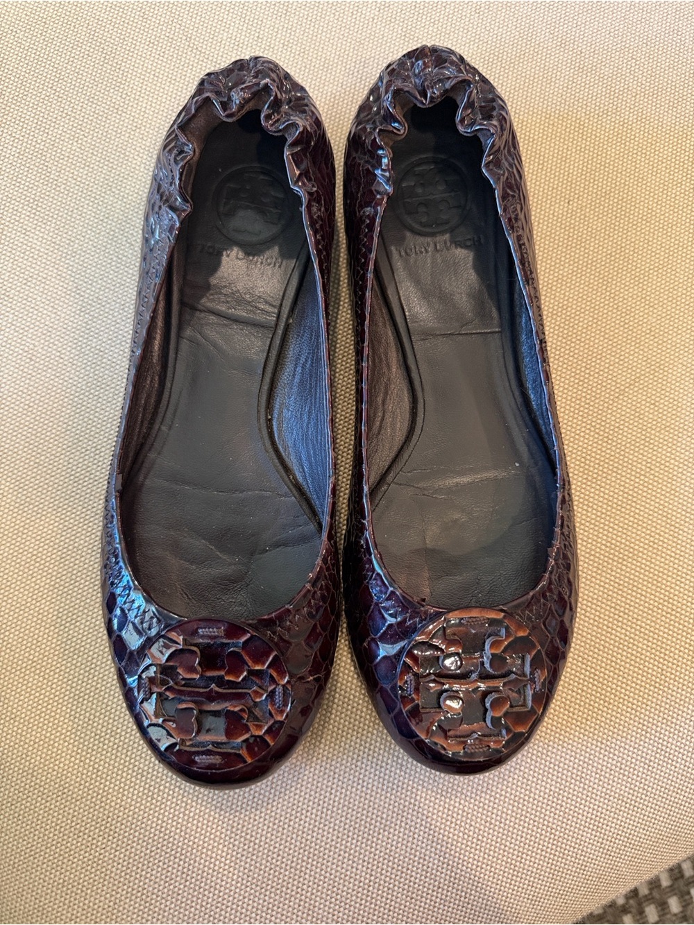Tory Burch Chocolate Brown Snakeskin embossed Logo Ballet Flats
